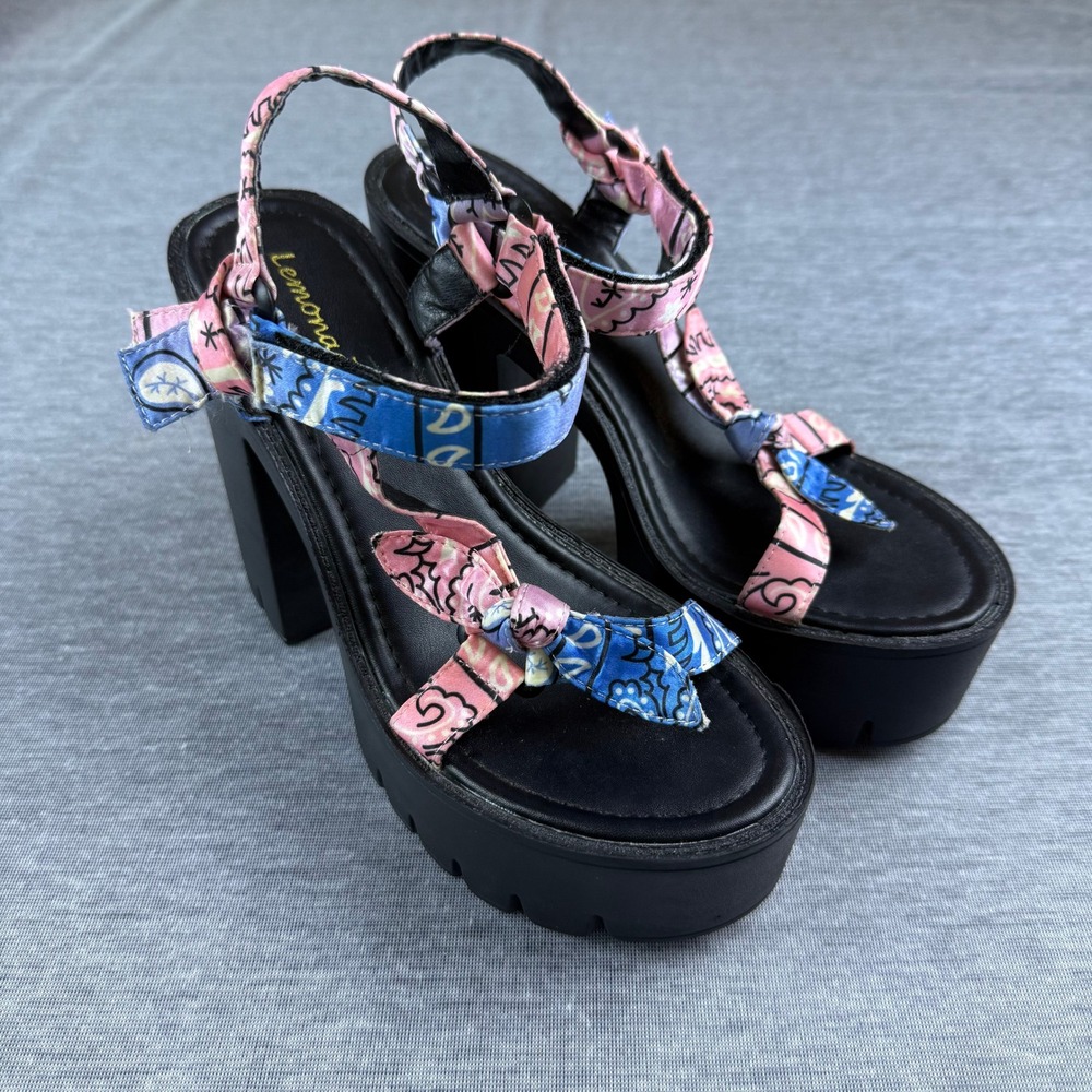 Lemonade NEW Backstage Platform Sandals Ankle Strap Pink/Blue Bandana Bow Sz 8‎